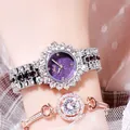 Luxus Damenuhr-Set mit lila Sternenzifferblatt und funkelndem Diamantarmband - Silbernes Gehäuse Violettes Zifferblatt