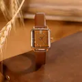 Reloj retro cuadrado para mujer con correa de cuero marrón y caja de oro rosa - Caja y Tachuelas de Oro Rosa Esfera Café Correa de Cuero Café