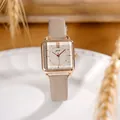 Reloj Gedi vintage de cuarzo para mujer con caja cuadrada de oro rosa y correa de cuero beige - Caja e índices de oro rosa, esfera gris, correa de cuero gris