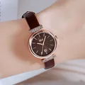 Elegant women's watch with brown leather strap and rose gold rhinestone bezel - Rose Gold Case Coffee Dial Coffee Strap