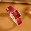 Reloj de cuarzo cuadrado vintage con caja de oro rosa y correa de cuero rojo oscuro - Caja Oro Rosa Esfera Roja Correa de Cuero Rojo