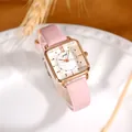 Reloj de cuarzo cuadrado en oro rosa con esfera blanca y correa de cuero rosa mujer - Caja de oro rosa esfera blanca correa rosa