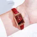 Elegant rectangle watch with red marble dial and matching leather strap for women - Rose Gold Case Red Dial Red Strap