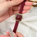 Retro quadratische Damen-Quarzuhr mit burgunderrotem Lederband und Goldzifferblatt - Goldgehäuse Ancor Rotzifferblatt Rotes Band