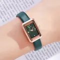 Montre femme élégante avec cadran rectangulaire vert, boîtier or rose et bracelet en cuir - Boîtier Or Rose Cadran Vert Bracelet Vert