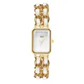 Elegant gold square quartz watch for women with white leather woven chain strap - Gold White Case White Pearl Dial Gold Strap