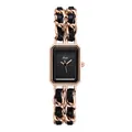 Elegant gold square quartz watch with black dial and leather woven chain bracelet - Rose Black Case Black Dial Rose Strap