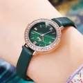 Women's rose gold watch with malachite green dial, rhinestone bezel, and green leather strap - Rose Gold Case Green Dial Green Strap