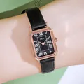 GEDI vintage square quartz watch for women with black leather strap and rose gold case - Rose Gold Case Black Dial Black Strap