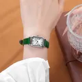 Vintage silver rectangular women's watch with white dial and green leather strap - Silver Case White Dial Green Strap