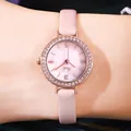 Gedi rose gold watch with pink leather strap and diamond bezel shown on wrist - Rose Gold Case Pink Dial Pink Strap
