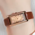 Vintage-Quarzuhr mit braunem Lederarmband und rechteckigem Gehäuse in Roségold - Kaffeebraunes Gehäuse Weißes Zifferblatt Braunes Lederarmband