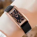 Klassische rechteckige Damenuhr mit roségoldenem Gehäuse und schwarzem Lederarmband - Roségold Gehäuse Schwarzes Zifferblatt Schwarzes Lederarmband