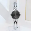 Elegant silver quartz watch with a grey textured dial and minimalist bangle strap - Silver Case Black Dial