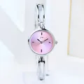 Women's minimalist watch featuring a pink sunburst dial and silver metal bracelet strap - Silver Case Purple Dial