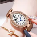 Gedi women's oval rose gold watch with crystal bezel and brown silk texture strap - Rose Gold Case White Dial Brown Strap