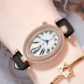 Oval rose gold crystal watch with mother-of-pearl dial and black leather strap set - Rose Gold Case White Dial Black Strap