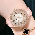 Reloj de lujo Gedi oro rosa con correa de cuero rosa y esfera de nácar con diamantes - Caja de Oro Rosa Esfera Blanca Correa Rosa