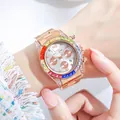 GEDI luxury women watch featuring rose gold metal strap and vibrant rainbow crystal bezel - Rose Gold Case White Dial