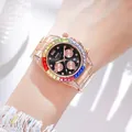 GEDI women's rose gold quartz watch with a rainbow gemstone bezel and black dial - Rose Gold Case Black Dial