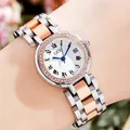 Women's quartz watch with silver rose gold strap, Roman numerals and date window - Rose Gold Diamond Case - Roman Simple Dial