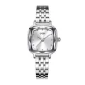Chic silver stainless steel quartz watch for women with stylish pillow-shaped dial - Silver Case White Dial Silver Band