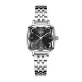 Women's silver stainless steel watch with black dial and faceted glass mirror - IP White Case White Studs Black Dial White Steel Strap