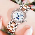 GEDI luxury women's watch featuring a silver and rose gold steel strap and moon phase dial - Rose Gold Diamond Case - Diamond Moon Phase Dial