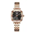 GEDI luxury women's square watch featuring a rose gold metal band and black dial face - Rose Gold Case Black Dial Rose Gold Band