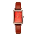 Vintage Damen-Quarzuhr mit rotem gebürstetem Zifferblatt und braunem Lederarmband - Rot