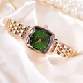 Green square dial ladies watch with rose gold steel strap and polygonal cut glass - Rose Gold Case Green Dial Rose Gold Strap