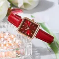 Elegante Damenarmbanduhr mit rotem Zifferblatt und passendem rotem Lederarmband im Set - Rot