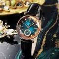 Damen Luxusuhr in Roségold mit Farbverlauf Zifferblatt, Diamanten und schwarzem Lederband - Schwarzes Armband Blaues Zifferblatt