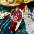 Damen Luxusuhr mit rotem Verlaufszifferblatt und Strasssteinen auf rotem Lederband - Rotes Armband Rotes Zifferblatt