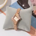 Montre à quartz luxe or rose pour femme avec boîtier en losange et bracelet feuilles - Or Rose Avec Cadran Doré