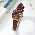 Reloj de cuarzo para mujer con correa de cuero marrón y caja octogonal de oro rosa - Correa Café Esfera Café