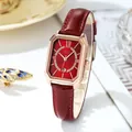Gedi rote Lederuhr für Damen mit roségoldenem achteckigem Zifferblatt und Kalender - Roségold Gehäuse Rotes Zifferblatt Rotes Lederarmband