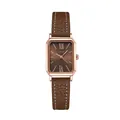 Elegante reloj de cuarzo rectangular para mujer con correa de cuero marrón y caja de oro rosa - Correa Café
