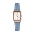 Montre à quartz rectangulaire pour femme avec bracelet en cuir bleu clair et boîtier or rose - Boîtier Or Rose Cadran Blanc Bracelet en Cuir Bleu Gris