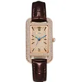 Reloj de mujer cuadrado en oro rosa con esfera de cristales y correa de cuero marrón - Correa Marrón