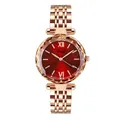 Reloj de mujer en acero inoxidable oro rosa con esfera roja y cristal facetado de lujo - Rojo