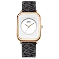 Vue détaillée d'une montre léopard pour femme avec boîtier rectangulaire en or rose élégant - Nouvelle Couleur Boîtier Or Rose Cadran Blanc Bracelet Léopard