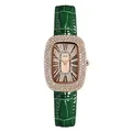 Elegant oval quartz watch with crystal-encrusted bezel and dark green leather strap - Rose Gold Case Rose Dial Green Strap