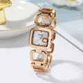 Reloj de cuarzo cuadrado en oro rosa con brazalete de cadena hueca e índices de cristal - Tres Agujas Esfera Blanca Correa Oro Rosa