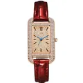 Reloj cuadrado para mujer en oro rosa con esfera de cristales y correa de cuero rojo - Rojo