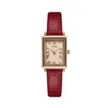 Retro women's quartz watch with rectangular gold case and burgundy faux leather strap - Red Ribbon