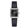 GEDI minimalist square quartz watch with silver steel case and black leather strap - Black Strap Silver Case Black Dial