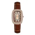GEDI luxury women's oval watch with rhinestones and brown leather strap on white background - Rose Gold Case Rose Dial Coffee Strap