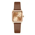 Women's square quartz watch with rose gold case and brown leather strap on white background - Brown Strap Rose Gold Case Rose Gold Dial