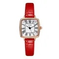 Montre à quartz carrée vintage avec boîtier or rose et bracelet cuir rouge texturé bambou - Boîtier Or Rose Cadran Blanc Bracelet Rouge